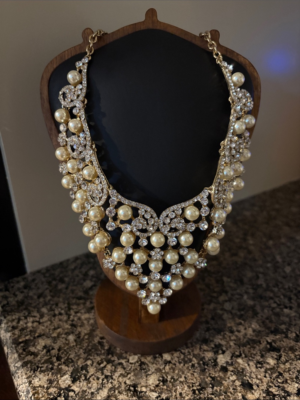 Pearl and Crystal Statement Necklace - Gold Tone wedding